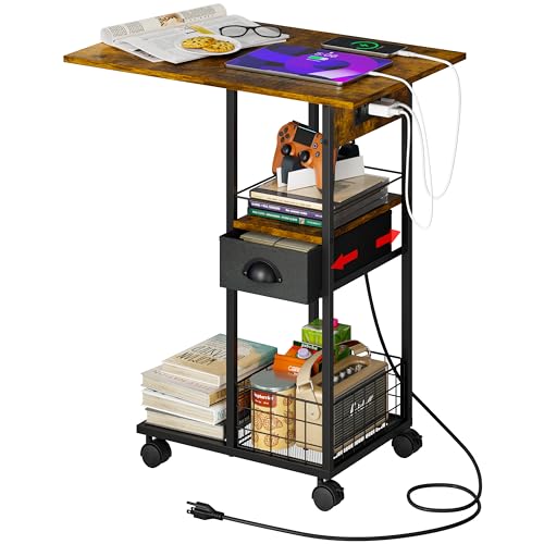Image of Rolling C-Shaped Side Table with Charging Station, Night Stand with Type-C & USB Port and Outlet for Bedroom, Spacious Coffee Table with Wheels for Living Room, Home Office, Small Space(Large Desktop)