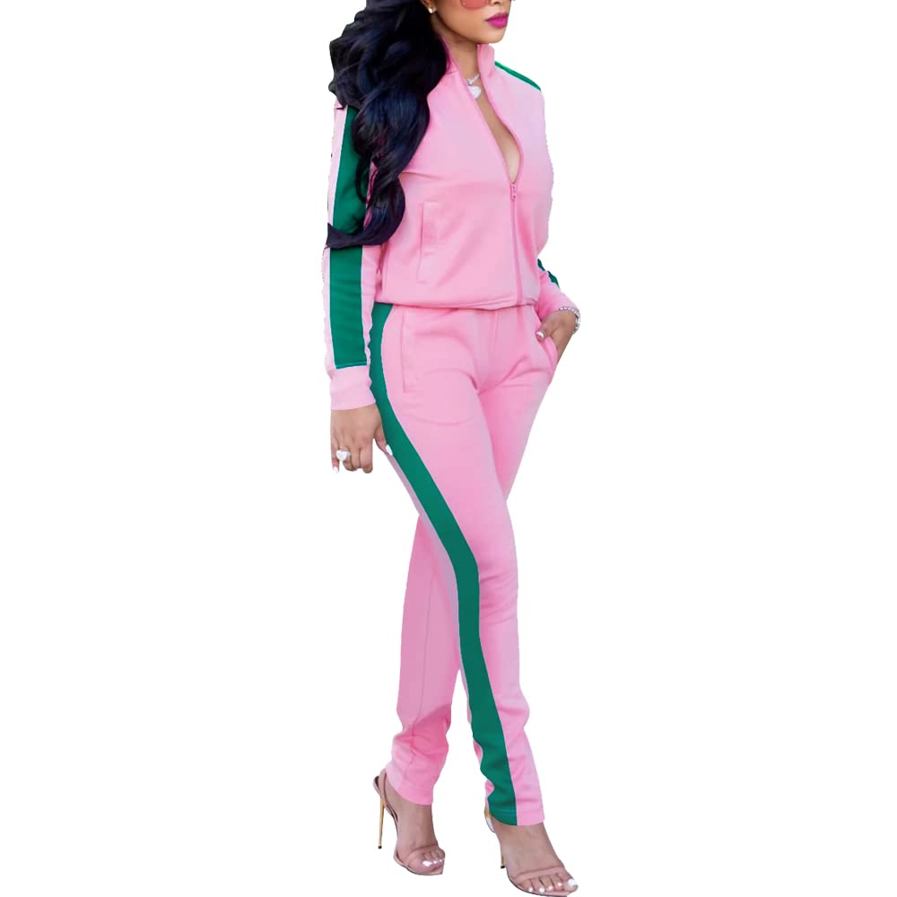 PINSV Womens Tracksuit Two Piece Outfits Long Sleeve Zip Up Jacket Jogger Casual Sweatsuit Matching Sets Track Suits Pink XL