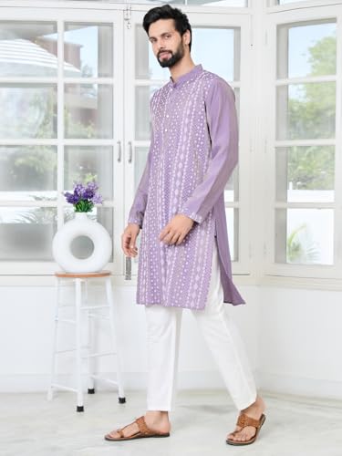 Image of See Designs Men's Full Sleeve Mandarin Collar Embossed Printed Cotton Chanderi Straight Long Kurta - Festive Collection