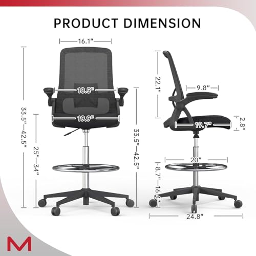 Image of Ergonomic Drafting Chair, Tall Height Adjustable Office Stool with Flip Up Armrest, Adjustable Foot Ring & Lumbar Support, Rolling Mesh High Desk Chair for Standing Desk, Studio & Office Use