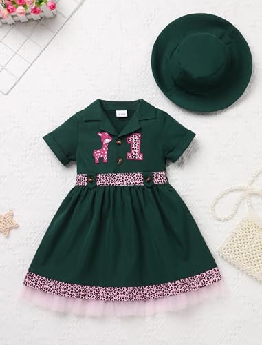 FYMNSI 1st Birthday Girl Outfit for Baby Wild Animal Jungle Safari Birthday Dress and Hat Toddler Giraffe Cake Smash Clothes3