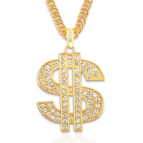 Money Chain Necklace Dollar Sign Chain Gold Dollar Sign Necklace Hip Hop Gold Money Chains For Men With Pendant, Long Big Fake Gold Necklace Golden Pendant Necklaces 90s Rapper Chains 28inch
