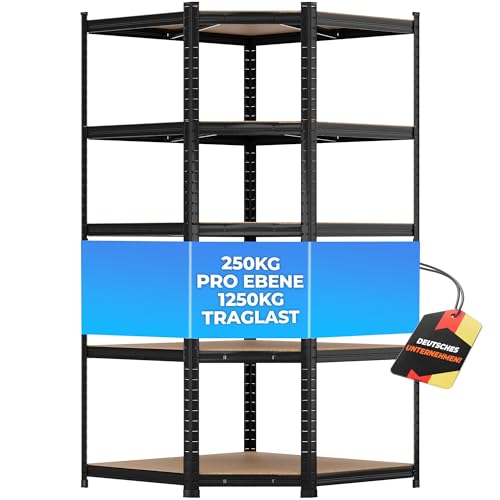 ALL Premium Schwerlastregal Eckregal stehend 180x90x60 cm Schwarz - 1250kg Traglast – Regalsystem als Corner Shelf & eck Regal, Schwerlastregal Ecke, ideal für Keller & Lager