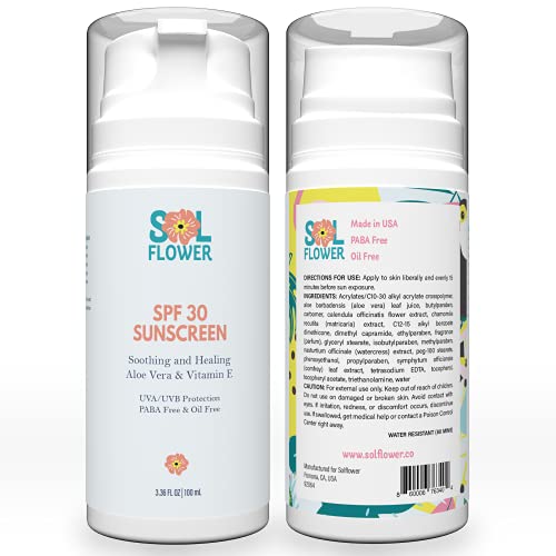 Solflower SPF 30 Sunscreen Lotion - Broad Spectrum, UVA/UVB Protection - PABA-Free, Oil-Free - 3.36 Fl Oz