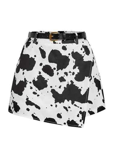 Floerns Womens Cow Print Mini Skort Wrap Asymmetric Hem Western Skirt Shorts with Belt Black White Ivory Small
