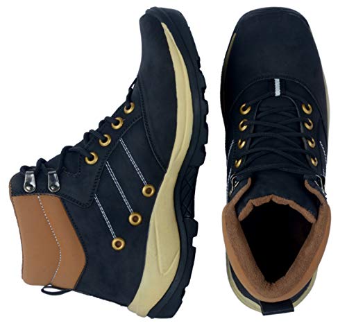Image of Hiking Boots, Black and Tan, Lace-Up High Ankle, Metal Eyelets, Rugged Outdoor Footwear