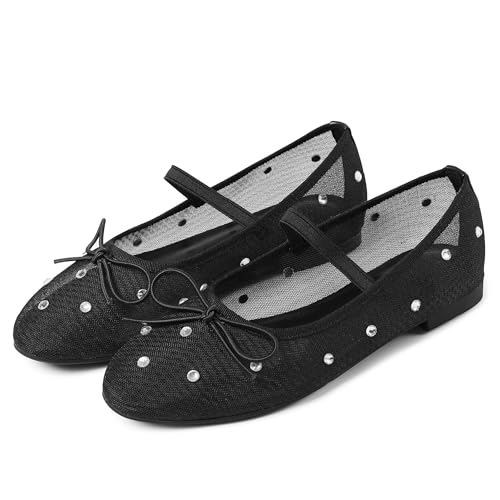 Mesh Ballet Flats for Women Crystal Rhinestone Mary Jane Shoes Comfortable Round Toe Ballerina Flats with Stretch Strap Trendy