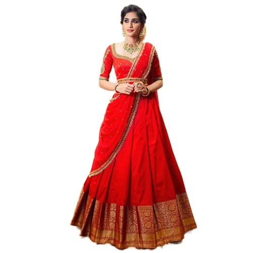 MASTER DESIGN treading kanjivaram soft silk with pure golden zari waving red color half saree with embroidery work blouse south indian wadding and party wear woman half saree with blouse (unstitched)