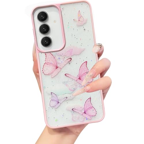 Image of VONZEE for Samsung Galaxy S24 FE Clear Glitter Butterfly Case, Cute Bling Sparkle Shiny Soft Silicone TPU Bumper Shockproof Women Girls Slim Protective Phone Cover for Galaxy S24 FE, Pink