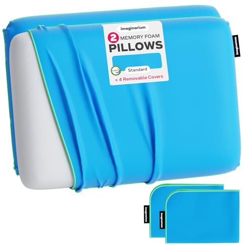 Imaginarium 2 Pack Memory Foam Pillows for Bed 16 x 24 Standard Fun Decorative Colorful Pillow for Sleeping Back Stomach & Side Sleepers Includes 2 Extra Cooling Covers (Cosmic Blue)