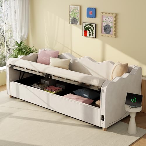 Mrwoo Sofá Cama 90x200cm, Cama Individual con Compartimento de Almacenamiento Hidráulico, Cama Tapizada con USB y Respaldo, Además, Beige (Cama Sin Colchón)