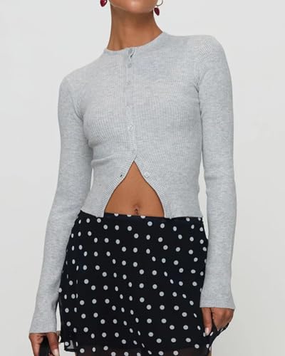 Cioatin Women Long Sleeve Button Down Open Front Slit Ribbed Knit Y2K Crop Cardigan Tops Slim Fit Sweater Pullover Fall Shirt3