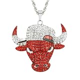 Men Bulls Necklace Basketball Jersey Hip Hop Iced Out Chain Sports CZ Diamond Bling boys jewelry with 30 Inch Rope Chain (Silver Bull)
