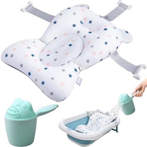 Cojín Bañera Bebé Universal + Jarra de Baño, Reductor, Adaptador, Hamaca, Asiento Antideslizante Recién Nacido, Almohada con Soporte Adaptable, Vaso incluido