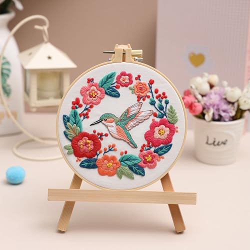 Image of Louise Maelys Hummingbird Embroidery Kits for Beginners,Cross Stitch Kit for Adults,DIY Needlepoint with Flowers Pattern