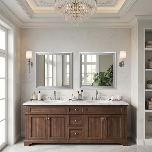 Image of DESBING 24 inchx24 inch Silver Bathroom Mirrors for Over Sink | Tempered Glass, Metal Frame, Rectangle Vanity Wall Mirror for Bathroom, Living Room, Bedroom, Horizontally or Vertically