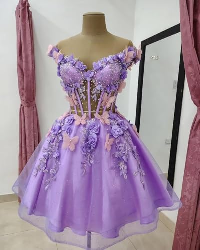 3D Butterfly Short Puffy Homecoming Dresses for Teens Off Shoulder DAMA Dresses for Quincenaera Cocktail Party2