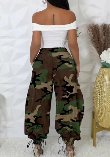 Women Barrel Camo Pants Drawstring Wide Leg Baggy High Waisted Pants Trendy Y2k with Pocket3