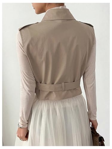 WDIRARA Women's Khaki Sleeveless Cropped Trench Coat with Belted Lapel – Small & Stylish - Image 2