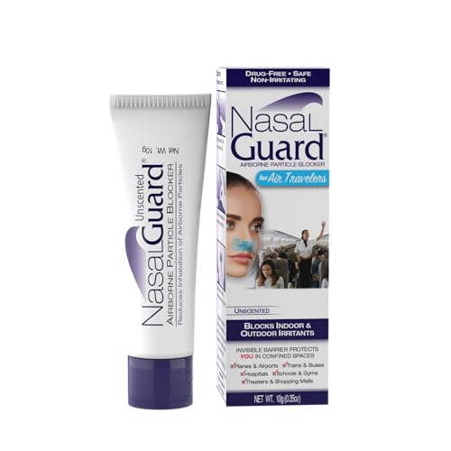 NasalGuard Airborne Particle Blocker Nasal Gel for Air Travelers - Drug-Free, Non-irritating, Non-drowsy, Ideal for Airplane Travel (Unscented) - Over 150 Applications Per Tube (0.1 oz, Pack of 1)