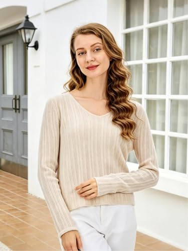Image of Simple&Opulence Women's Long Sleeve V-Neck Sweater Off-Shoulder Light Cropped Sweaters for Women Wool Sweater S-XL