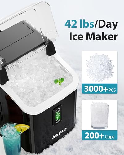 Image of Aeitto Nugget Ice Maker Countertop, 42lbs /24H Ice Machine with 1.5L Water Tank, Rapid Ice Release in 6 Mins, Self-Cleaning Pebble Ice Maker with Basket and Scoop for Home Office RV and Party, Black