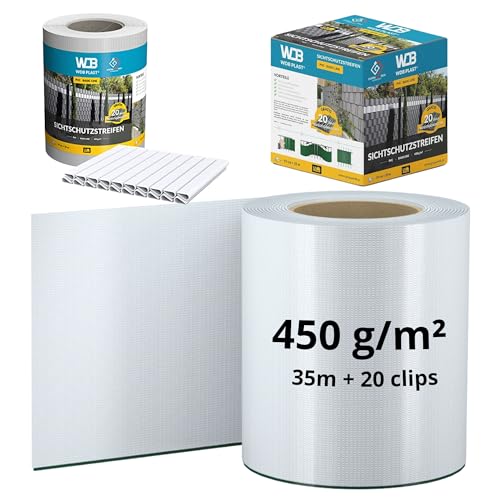 WDB - Sichtschutzstreifen für Doppelstabmatten Sichtschutz Zaun - 19 cm x 35 m + 20 Stück Befestigungsclips - PVC Windschutz Basic Line - Weiß - RAL 9003