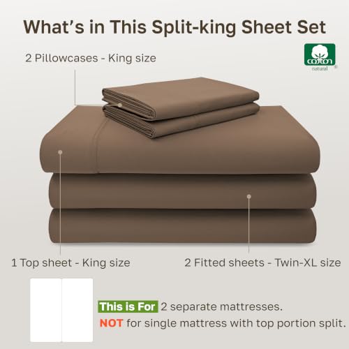 Image of California Design Den Split King Cotton Sheets Set - Luxury 600 Thread Count, 100% Cotton Sateen, Split King Sheet Sets, Deep Pockets, Soft and Durable Bedding - Mocha