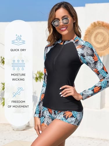 Womens 2 Piece Rash Guard Swimsuit UPF 50+ Zip Swim Shirt and Shorts Long Sleeve Bathing Suits with Build in Bra4