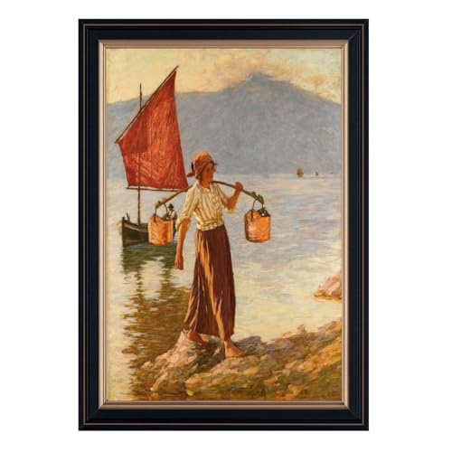 Framed Vintage Wall Art Fisherwoman by the Sea Poster, Canvas
