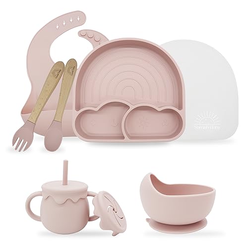 Image of Samish Baby Led Weaning Supplies - 8 Piece Silicone Toddler Self Feeding Dish Set with Suction Bowl Divided Plate and Spoons - 6 Months+
