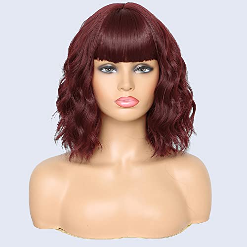 Piolamdo Short Wavy Red Wigs for Women14inch Short Curly Bob Wigs with Bangs Short Bob Hair Wigs Synthetic Replacement Wigs Heat Resistant Fiber Party Costume Wig(14inch Wine Red)