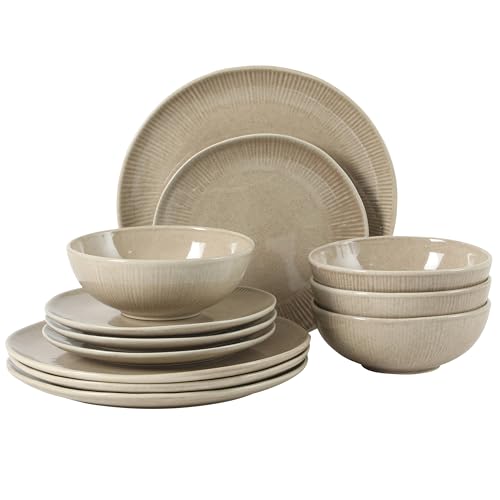 Image of Gibson Elite Sandy Pines Stoneware Plates and Bowls Set - 12 Piece Reactive Glaze Dinnerware Set - Service for 4 - Dishwasher and Microwave Safe - Cream Taupe