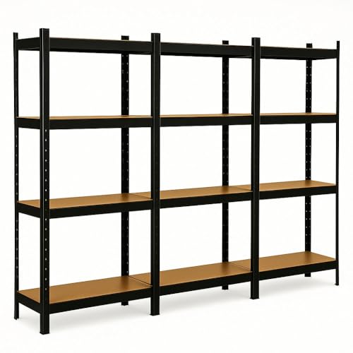 EURO VANADIUM - Triple Étagères de Rangement Charges Lourdes - 210 x 150 cm - 960 kg - Étagères de Garage modulables, 4 Niveaux, 12 Plateaux - 30 cm - Noir