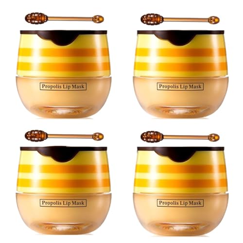 4 PCS Bee Lip Balm Honey Pot,Propolis Lip Mask Moisturizing Moisture Nourishing Dry & Chapped,Care and Reduces Lines, Exfoliating (Honey)