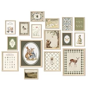 16 PCS Woodland Nursery Wall Art Decor, Vintage Baby Girl & Boy Nursery Decor, Kids Toddler Room Bedroom Playroom Decor, Sage Green Animals Eclectic Gallery Wall Prints, Bear Duck Goose Rabbit