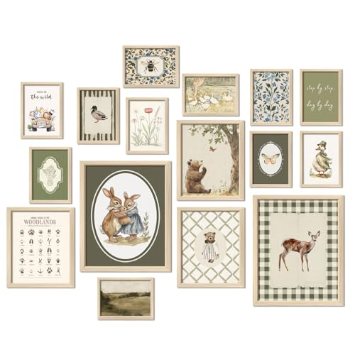 Image of 16 PCS Woodland Nursery Wall Art Decor, Vintage Baby Girl & Boy Nursery Decor, Kids Toddler Room Bedroom Playroom Decor, Sage Green Animals Eclectic Gallery Wall Prints, Bear Duck Goose Rabbit 