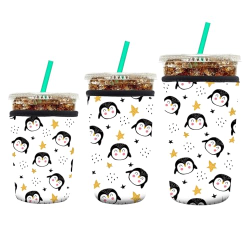 Image of 3 Pack Reusable Neoprene Insulator Sleeve for Iced Coffee Cups, Funny Coffee Cup Sleeves for 16-32oz Coffee cups, Cute Drink Sleeve for Cold Hot Beverages Cute Penguin