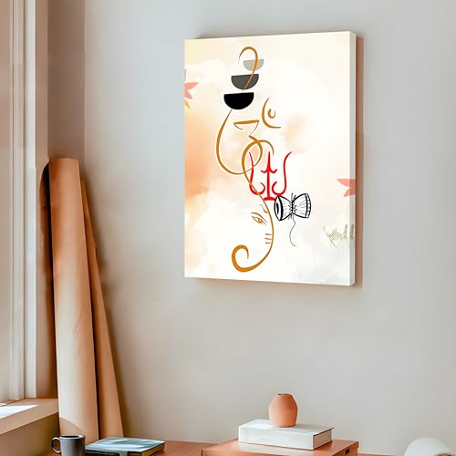 Image of PAINTINGMANTRA Stretched Canvas Wall Painting, Abstract Modern Om Ganesha Minimalist Line Religious work for Living Room, Home, Bedroom, Office Decoration (Pack of 1, 12x16 Inch)
