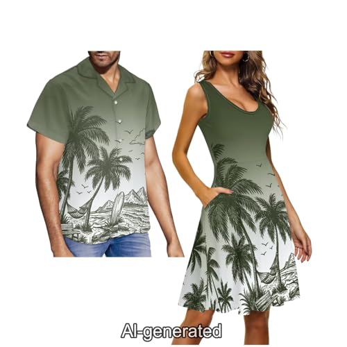 Image of Dreaweet Summer Dresses for Women A-Line Sleeveless Flowy Sun Dresses,Men's Casual Button-Down Shirts,Couple Matching Outfits