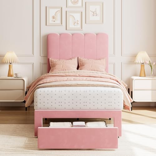 GarveeHome Twin Bed Frame with Under-Bed Drawer, Upholstered Platform Bed with Wave Headboard for Kids/Girls, Wooden Slats Support, No Box Spring Needed, Velvet Pink