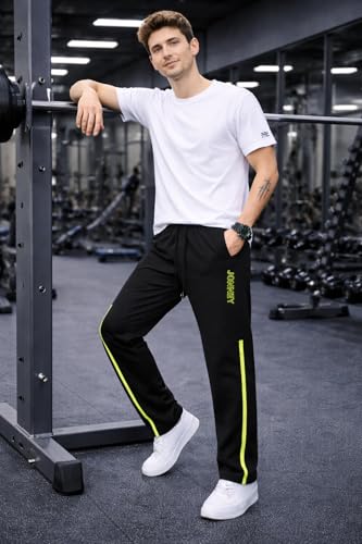 Image of Mack Jonney Men's Track Pants with Neon Yellow Side Stripe | Regular Fit Gym & Sports Lower | Activewear Training Joggers with Drawstring-M7961