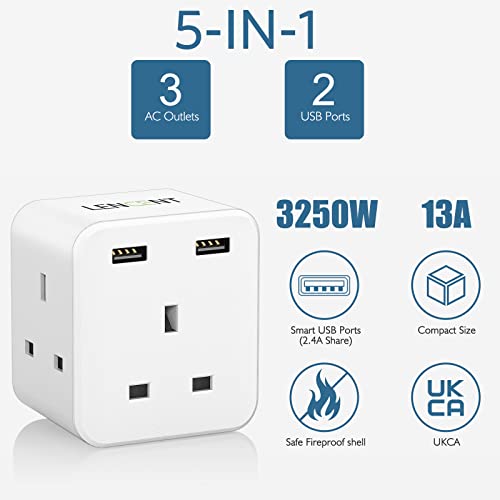 LENCENT Multi Plug Extension with 2 USB, 3 Way 3 Plugs Socket adapter, 5-in-1 Cube Electrical Extender Socket Adaptor - Image 2