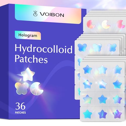 Voibon Hologram Pimple Patches for Face, Cute Hydrocolloid Acne Patches, Salicylic Acid & Tea Tree Colorful Star Spot Stickers,Zits & Blemish,Blue Pink Moon Butterfly,Zit Patches 12MM(36 Count)
