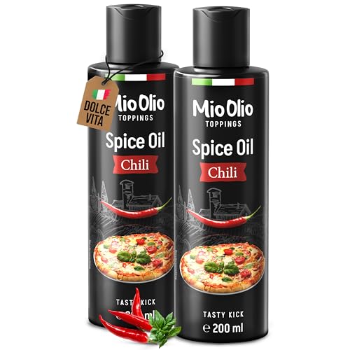 Mioolio 2x200ml aceite de chile - Aceite de condimento caliente para pizza, pasta, carne y verduras - Sin grasa de palma, conservantes y sin gluten - Ideal para cocinar y condimentar