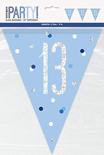 Unique 83435 Blue Dots Prismatic 13 Birthday Plastic Pennant Banner, 9 Ft 1 Pc, Age
