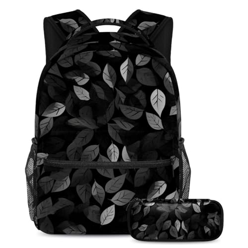 Sac à dos avec trousse à crayons à motif feuilles noires pour étudiants