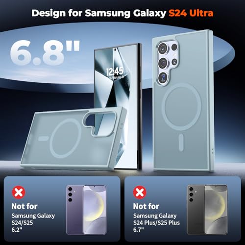 Image of SUPFINE Magnetic for Samsung Galaxy S24 Ultra Case with Screen Protector, (Built-in Magnets) (Military Grade Drop Protection) Slim Translucent Shockproof Phone Case,Sliver Blue