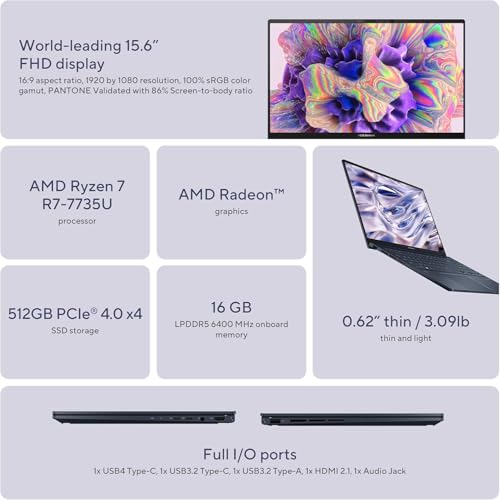 Zenbook 15 Business Slim Laptop, 15.6" FHD 100% sRGB, AMD Ryzen 5 7535U, tastiera retroilluminata, Wi-Fi 6E, USB C, Windows 11 Home, con panno (16GB LPDDR5 RAM | 1TB PCIe SSD) - Notebook - Immagine 2