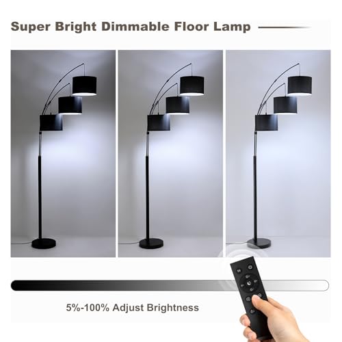 Image of Floor lamp with Remote, 3 Light Arc Floor Lamps for Living Room, 2400LM Tall Standing Floor Lamps with Black Shades, 80 inch Large Floor Lamp for Bedroom, Office